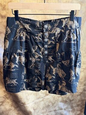 High Waisted Black Tiered Shorts with Beige Equestrian Print